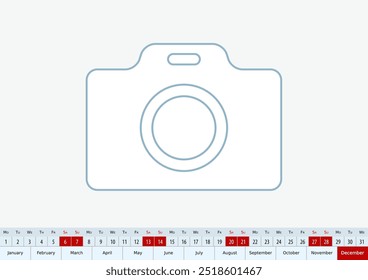 December 2025 for desk calendar, one line vector template calendar in English.