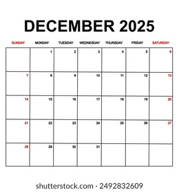 december 2025 with holydays or red dates. monthly calendar design with week starts on sunday. printable, simple, and clean vector design isolated on white background.