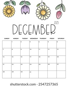 December 2025 Kids Calendar with Cute Floral Design