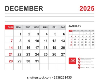 December 2025 layout, Calendar 2025 template, Printable minimalist monthly planner, Desk Calendar 2025 template, Wall calendar design, Week Start On Sunday, Stationery, printing, red color, vector
