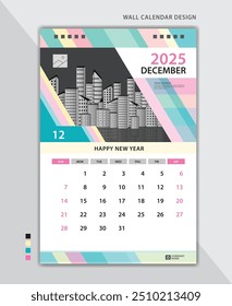 December 2025 layout, Wall calendar 2025 template pastel creative backgrounds, Desk calendar 2025 design, poster, planner, Calendar date, Week starts on Sunday, Stationery, vertical page, vector