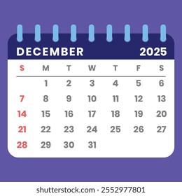 Dezembro de 2025 calendário estilo carta com uma semana começando no domingo. Ideal para gerenciamento de tempo, planejamento e programação. Conceito de design plano com um layout mensal destacável. Ilustração vetorial.