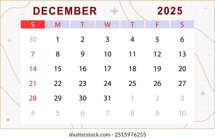 December 2025 monthly calendar. Cute calendar template. Sunday start. Vector design