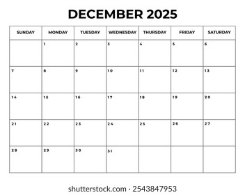 diciembre 2025 Diseño de calendario mensual con notas y la semana comienza desde el domingo