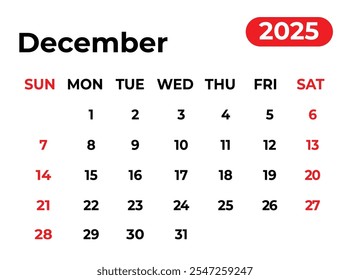 Diciembre 2025 Diseño de calendario mensual con aspecto limpio y la semana comienza desde el domingo