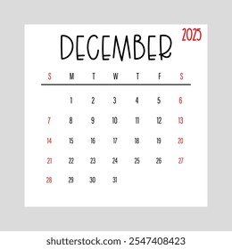 Diciembre 2025 Semana mensual de diseño del calendario comienza desde el domingo