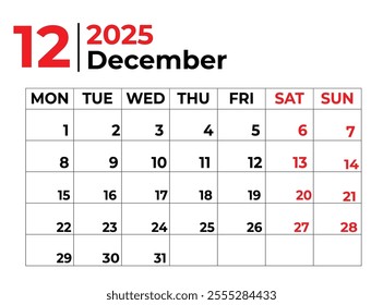 december 2025 Monthly Calendar design with clean look and week starts from sunday