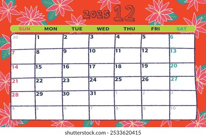December 2025 monthly calendar vector illustration