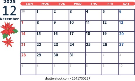 Dezembro 2025 ilustração vetor calendário mensal