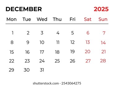 diciembre 2025 Diseño mensual del calendario de oficina con aspecto limpio y la semana comienza desde el domingo