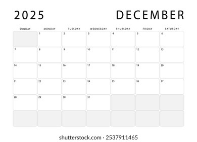 December 2025 monthly planner. Calendar template. Sunday start. Vector design