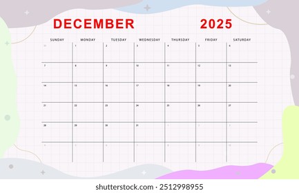 December 2025 monthly planner. Cute calendar template. Sunday start. Vector design