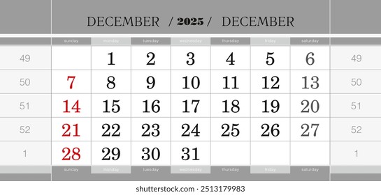 December 2025 quarterly calendar block. Wall calendar in English, week starts from Sunday. Vector Illustration.