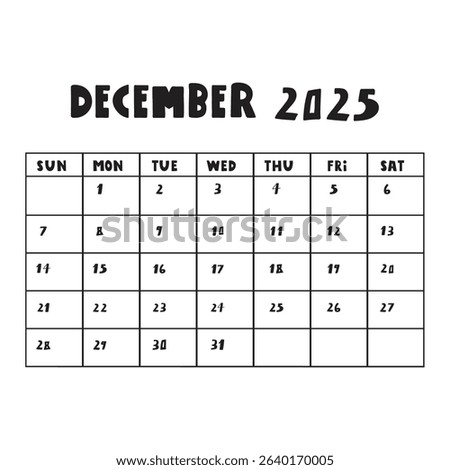 December 2025. Simple planner. Calendar. Hand drawn vector illustration on white background.