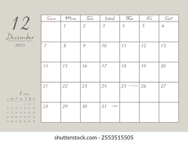 December 2025 Stylish writing calendar

Contains "Christmas" and "New Year's Eve" in Japanese