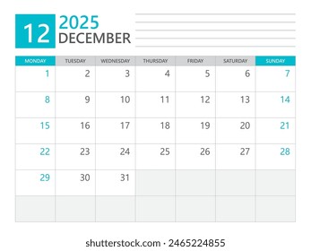 December 2025 template, Calendar planner 2025, week start on Monday, Desk calendar 2025 year, simple planner and clean design, Wall calendar design, Corporate planner template, print media vector