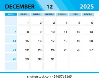 December 2025 template, Calendar 2025 template vector, planner monthly design, Desk calendar 2025, Wall calendar design, Minimal style, advertisement, poster, printing media, green background concept