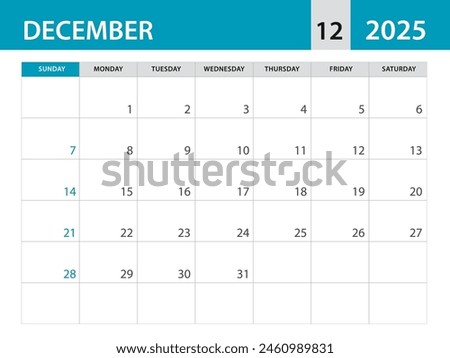 December 2025 template - Calendar 2025 template vector, planner monthly design, Desk calendar 2025, Wall calendar design, Minimal style, advertisement, poster, printing media, blue horizontal layout 