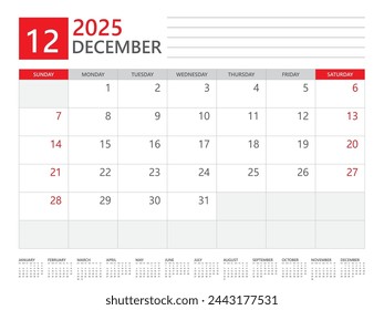 December 2025 year, Calendar planner 2025 and Set of 12 Months,  week start on Sunday. Desk calendar 2025 design, simple and clean design, Wall calendar, Corporate design planner template vector
