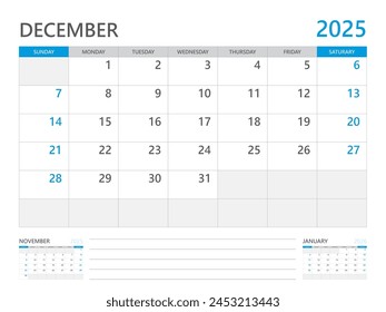 December 2025 year, Calendar planner 2025 and Set of 12 Months, week start on Sunday. Desk calendar 2025 design, simple and clean design, Wall calendar, Corporate design planner template vector