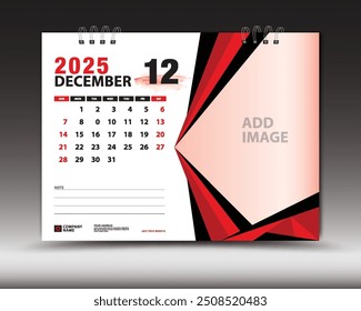 December 2025 year, Desk calendar 2025 template, Printable, Planner, Wall calendar design, Week starts on Sunday, Stationery design, Printing media, advertisement, calendar design vector illustration