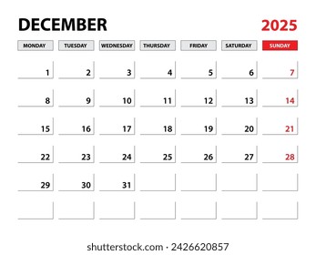 Plantilla de planificador anual de diciembre de 2025, plantilla de calendario 2025, planificadores mensuales y anuales. agenda del organizador. inicio de semana lunes, plantilla de planificador corporativo, calendario de escritorio 2025, diseño horizontal, vector