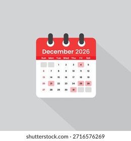 Dezembro de 2026 Calendar Icon Vetor. Ilustração do Planejador Mensal Moderno — Ilustração vetorial do ícone do calendário de dezembro de 2026 moderno para o planejamento e o uso da programação de final de ano.