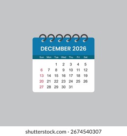 December 2026 Calendar Leaf flat style vector stock illustration.
