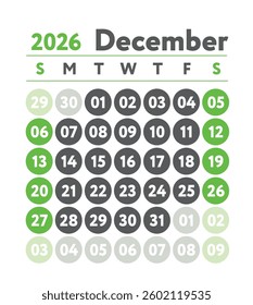 December 2026 calendar. New year planner design. English calender. Green color vector template. Week starts on Sunday. Business planning. 