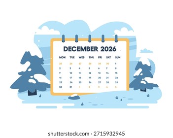 Dezembro de 2026 página de calendário ilustração vetorial. Paisagem de inverno com pinheiros nevados e deriva. Conceito de planejamento e programação de negócios