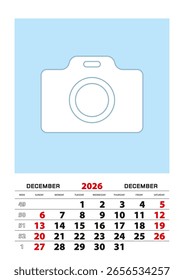 Dezember 2026 Kalender Planer A3 Größe mit Platz für Ihr Foto. Vektorplaner.