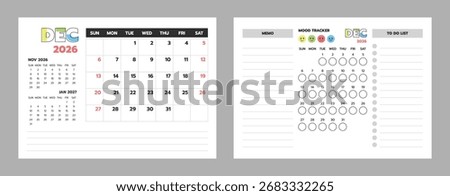 December 2026 calendar with planner, memo, to-do list, and mood tracker. Ideal for productivity and lifestyle planning.