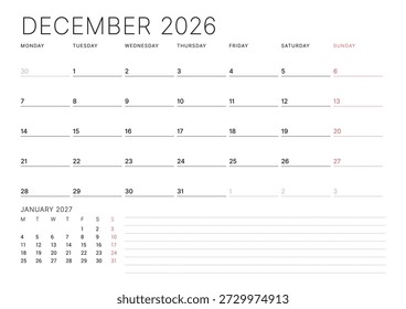 Plantilla del calendario de diciembre de 2026. La semana comienza el lunes. Diseño minimalista y moderno para la programación y organización de negocios. Ilustración vectorial para un diseño de agenda imprimible