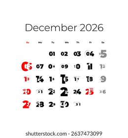 December 2026 calendar for USA vector