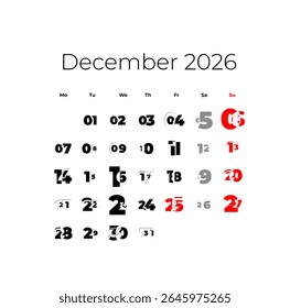December 2026 calendar. The week starts on Monday, vector
