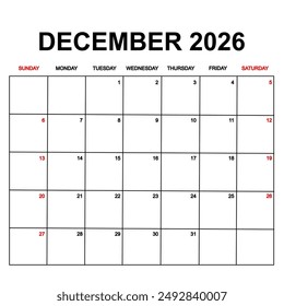 december 2026 with holydays or red dates. monthly calendar design with week starts on sunday. printable, simple, and clean vector design isolated on white background.