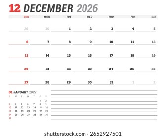 Dezembro 2026 Modelo de calendário mensal para planejamento e organização garante estrutura semanal limpa com linhas em branco para rastrear eventos. A semana começa no domingo. Bom para equipes e indivíduos