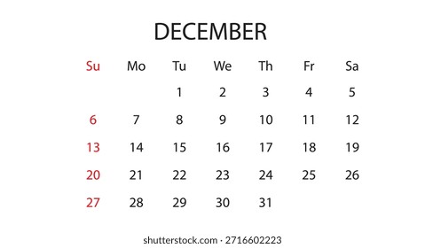 December 2026 Monthly Calendar Vector Template (Christmas Holiday Planner, Year-End Schedule Layout)