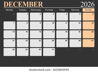 December 2026 monthly desk calendar for 2026 year, The week start on monday, EPS file vector.
