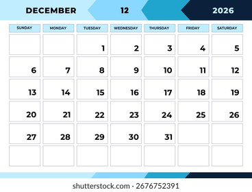 Diciembre de 2026, diseño mensual del planificador. Calendario 2026, La Semana Comienza El Domingo, Una Página. Plantilla del planificador de diseño. Imprimir.