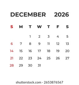 Diciembre de 2026 Vector calendario rejilla aislada sobre fondo blanco