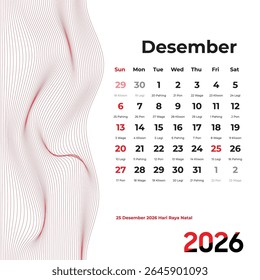 Dezembro de 2026 O calendário de Weton fecha o ano em graça espiritual, combinando a sabedoria Pasaran com o design moderno para reflexão e encerramento.