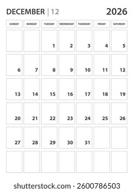 December 2026 year planner template. calendar 2026 year. Black and white monthly and yearly planners. Business planner minimal concept. Desk calendar 2026 year. Week Starts on Sunday, wall calendar.