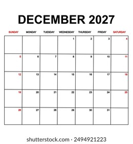 december 2027 calendar with holydays or red dates. monthly calendar design with week starts on sunday. printable, simple, and clean vector design isolated on white background.