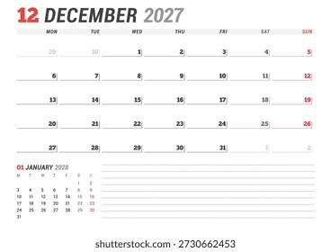 December 2027 calendar planner template. Week starts on Monday. Minimalist and modern design for business scheduling and organization. Vector illustration for a printable agenda layout