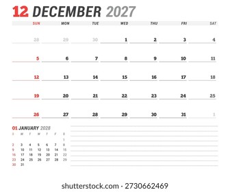 December 2027 calendar planner template. Week starts on Monday. Minimalist and modern design for business scheduling and organization. Vector illustration for a printable agenda layout