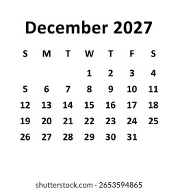 Dezembro de 2027. design de calendário mensal. semana começa no domingo. design de vetor imprimível, editável, simples e limpo isolado no fundo branco.