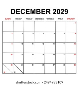 december 2029. Calendar with holydays or red dates. monthly calendar design with week starts on sunday. printable, simple, and clean vector design isolated on white background.