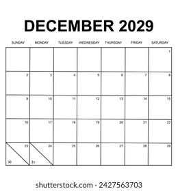 December 2029 calendar vector design. Week starts on Sunday. Printable, simple, and clean calendar design. Can use for stationery and other.