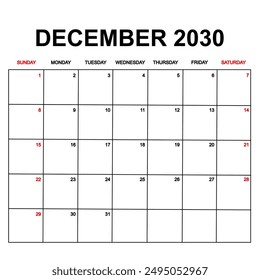 december 2030. Calendar with holydays or red dates. monthly calendar design with week starts on sunday. printable, simple, and clean vector design isolated on white background.